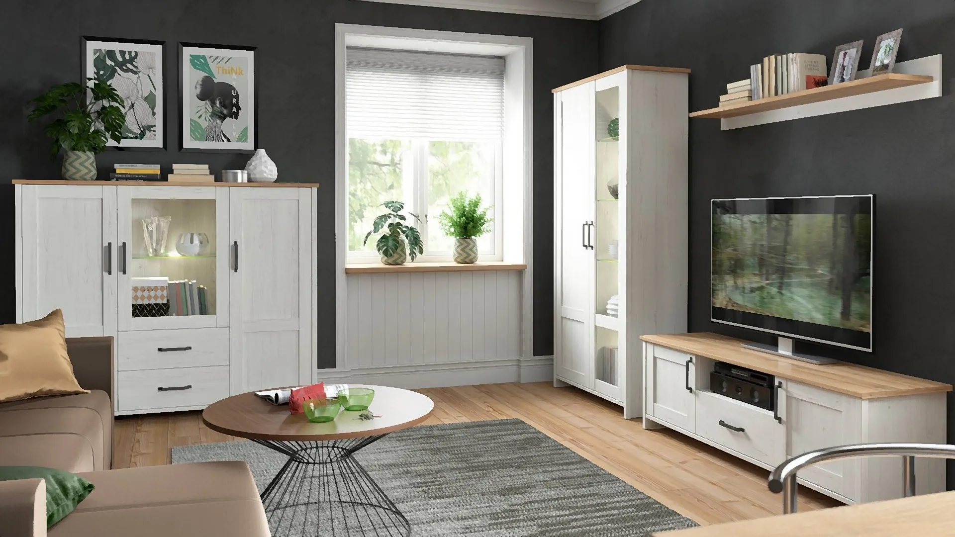 BRW-Witryna-Loksa-160cm-z-3-drzwiami-sosna-andersen-biala-3-VV Witryna Loksa