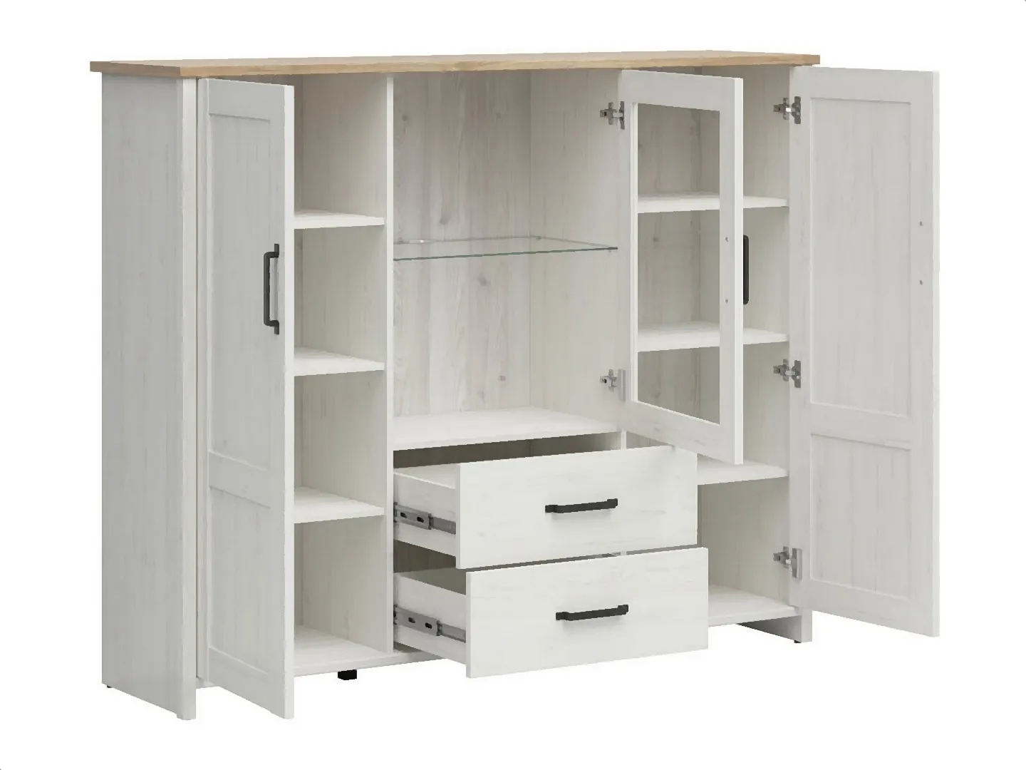 BRW-Witryna-Loksa-160cm-z-3-drzwiami-sosna-andersen-biala-7-VV Witryna Loksa