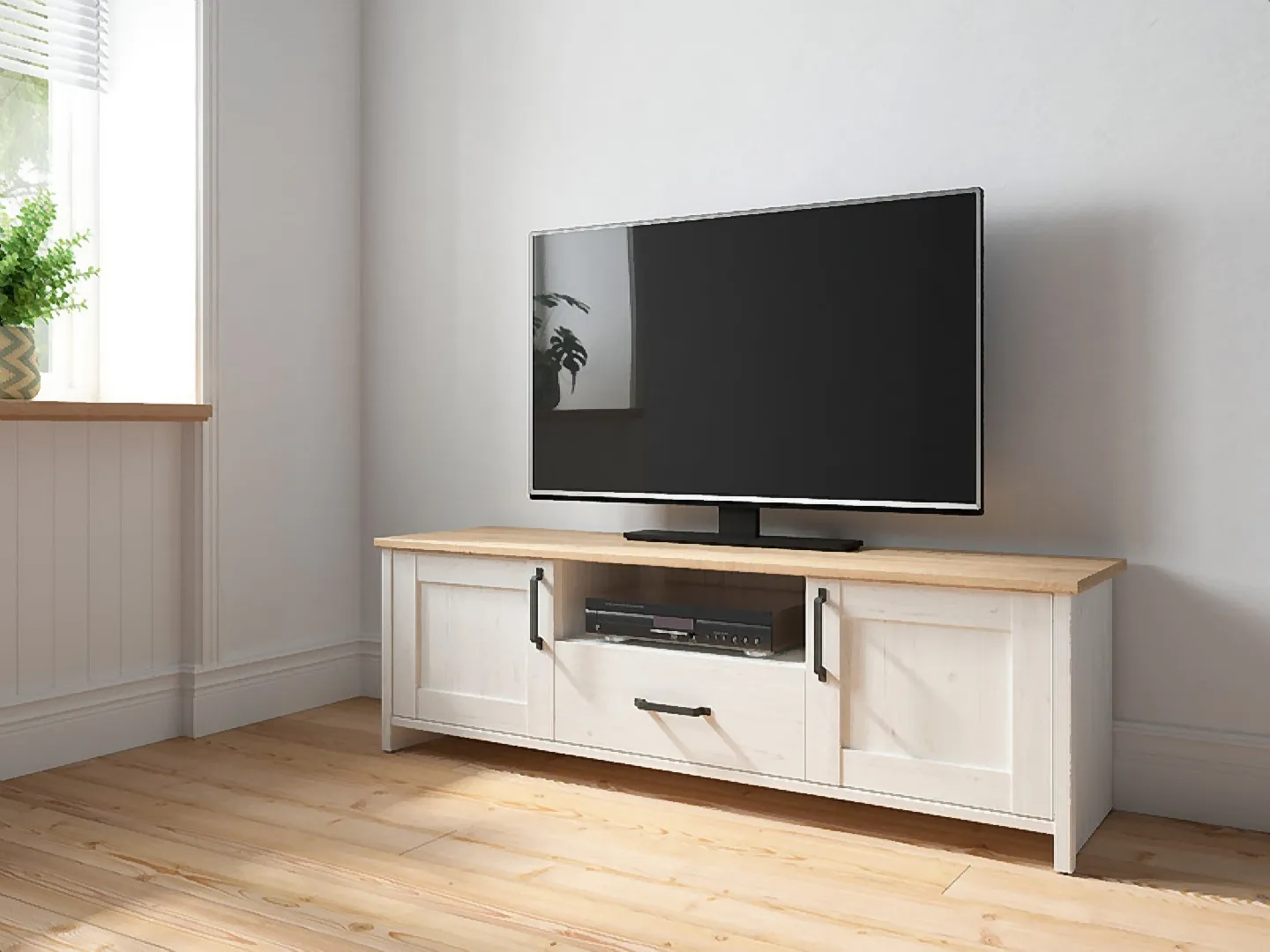 BRW_-_Szafka_RTV_Loksa_-_160cm_z_2_drzwiami_i_szuflada_-_sosna_andersen_-_biala_-__2-VV RTV Loksa