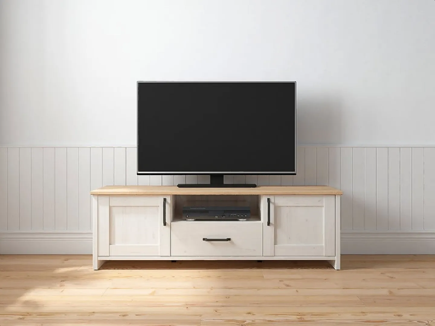 BRW_-_Szafka_RTV_Loksa_-_160cm_z_2_drzwiami_i_szuflada_-_sosna_andersen_-_biala_-__3-VV RTV Loksa